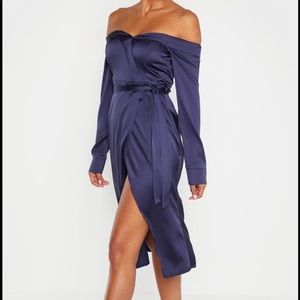 PINK PLT Bardot satin off the shoulder slit dress